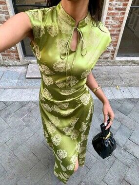 New Chinese Style Olive Green Jacquard Long Dress,Vintage Elegant Flor